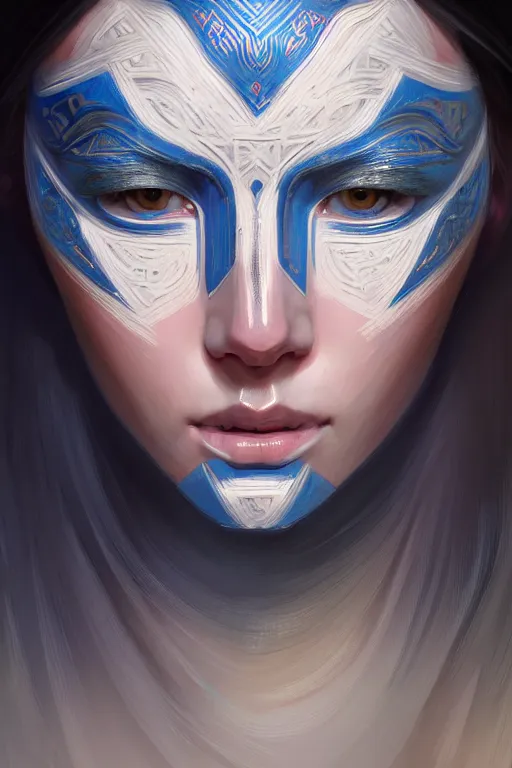 Image similar to ultra detailed facial portrait of beautiful nordic woman, blue eyes, wearing a tribal mask, extremely detailed digital painting, in the style of fenghua zhong and ruan jia and jeremy lipking and peter mohrbacher, mystical colors, rim light, beautiful lighting, 8 k, stunning scene, raytracing, octane, trending on artstation