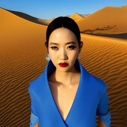 Image similar to innovative avant-garde art, deco fashion, asian women, wearing blue, highly detailed, photorealistic portrait, serene desert setting, golden hour, crisp quality and light reflections, unreal engine 5 quality render