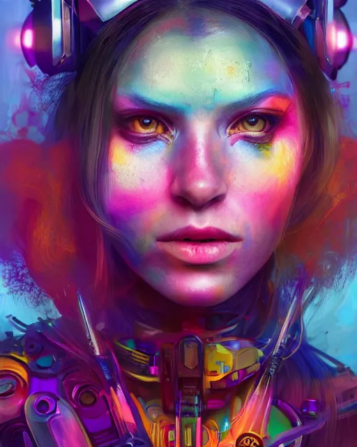 Prompt: colorful portrait of a female hippie cyborg, set in the future 2 1 5 0 | highly detailed | very intricate | symmetrical | professional model | cinematic lighting | award - winning | painted by mandy jurgens and ross tran | pan futurism, dystopian, bold psychedelic colors, cyberpunk, groovy vibe, anime aesthestic | featured on artstation