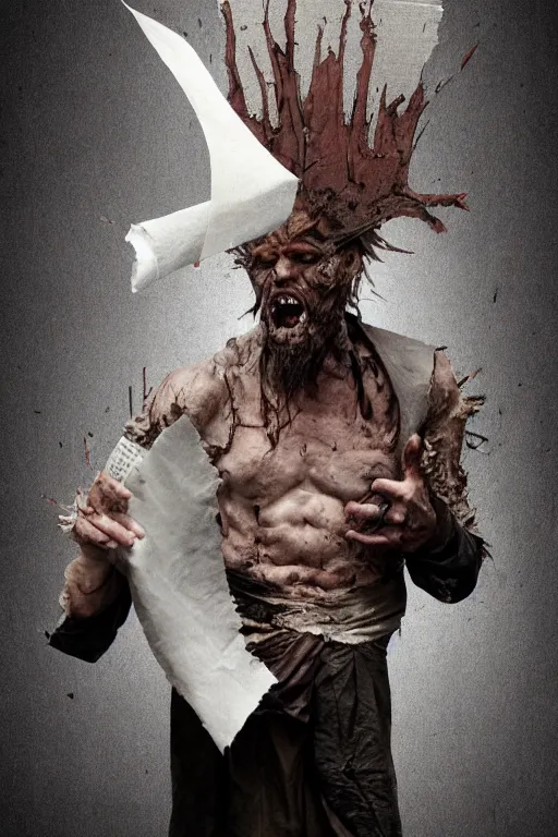 Image similar to A deranged filthy man looking like Willem Dafoe wearing long dark damaged ripped robes holding a magic paper scroll, long fingernails, unclipped fingernails, sharp fingernails, focus on face, sharp focus, digital painting, trending on artstation, concept art, fantasy, medieval, D&D