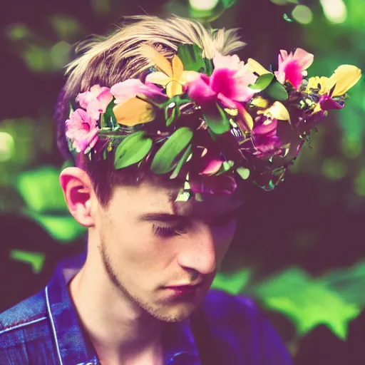 Image similar to close up kodak portra 4 0 0 photograph of a skinny guy with short blonde hair standing in a dark exotic jungle, back view, flower crown, moody lighting, telephoto, 9 0 s vibe, blurry background, vaporwave colors, faded!,