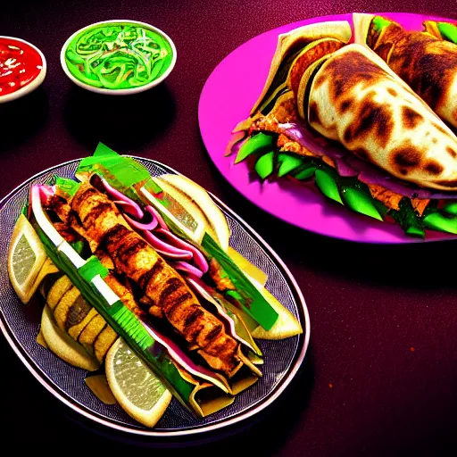 Image similar to ultradetailed still - life shawarma on plate insanely detailed, octane render, cgsociety cyberpunk, neon, vaporwave sci - fi, futuristic, amazing space creature 4 k, 8 k, hyper realism scary, alluring, coveted alive