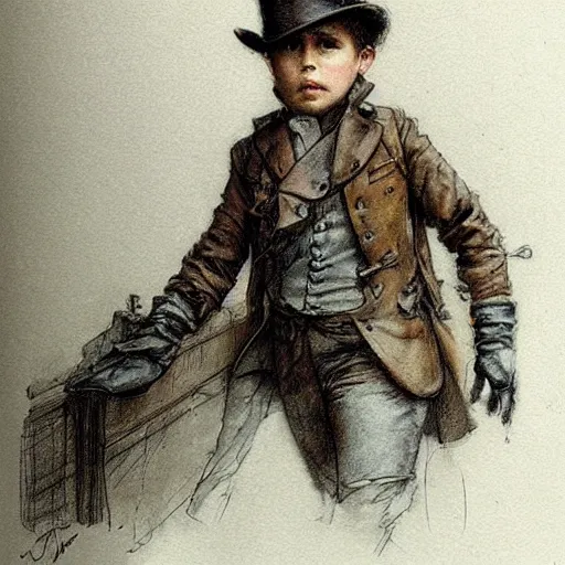 Image similar to sketch by Jean-Baptiste Monge !!!!!!!!!!!!!!!!!!!!!!!!!!!!!!!!!!!!! (((((((((((((portrait of boy dressed as steampunk detective wearing leather gloves . muted colors.)))))))))))))