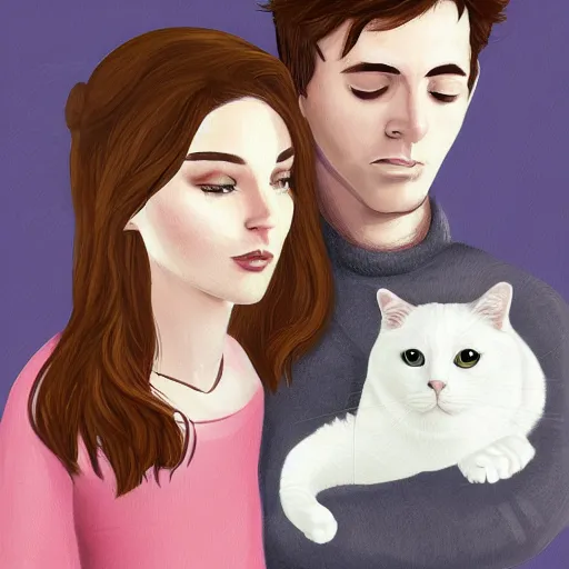 Prompt: a couple, gregoire and manon, digital art, with white cat