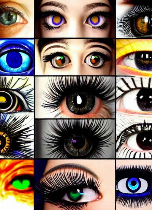 Image similar to grid montage of cube shaped eyes, square shaped black dilated pupils, cube shaped irises, detailed colored textures, eyelashes, advanced art, art styles mix, from wikipedia, wet reflections in square eyes, sunshine light, hd macro photograph, from side, various eyelid positions, square black pupil centered