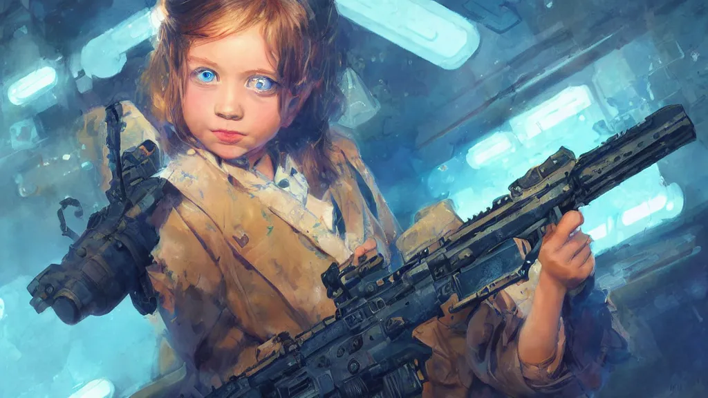 Prompt: portrait of the little girl with very blue eyes is melted under machinegun fire because someone must melt, digital art, illustration, highly detailed, art by finnian macmanus