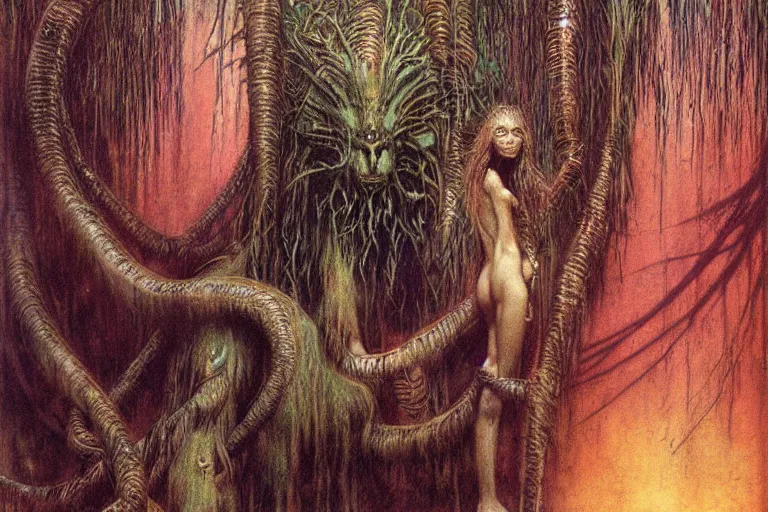 Prompt: cute yanomami female with short hairs in lovecraftian jungles by jean delville by luis royo and wayne barlowe, beksinski