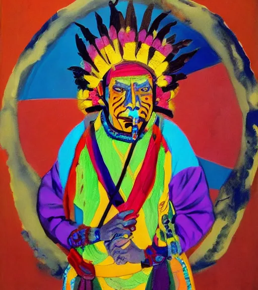 Image similar to Painting of a shaman dressed in a colorful traditional clothes. He is smoking a pipe. From the pipe there is a whole universe escaping and filing the sky