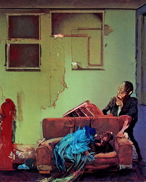 Image similar to old dead couple on couch in a decayed and ruined apartment room in the style of Francis Bacon and Syd Mead and Norman Rockwell and Beksinski, open ceiling, highly detailed, painted by Francis Bacon and Edward Hopper, painted by James Gilleard, surrealism, airbrush, very coherent, triadic color scheme, art by Takato Yamamoto and James Jean