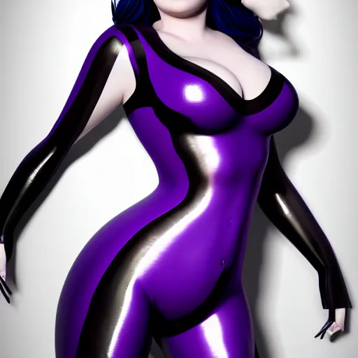Prompt: portrait of a curvy pale goth woman with a modest elaborate elegant purple-silver-black multilayered latex striped tight high-neck outfit, cgsociety, photorealistic, sublime-cool-badass-hyperadvanced, 16k, smooth, sharp focus, trending on ArtStation, volumetric lighting