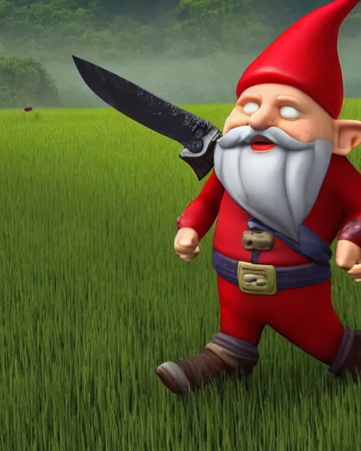 Image similar to bald gnome with big white beard holding a dagger and bomb running through a field looking angry.