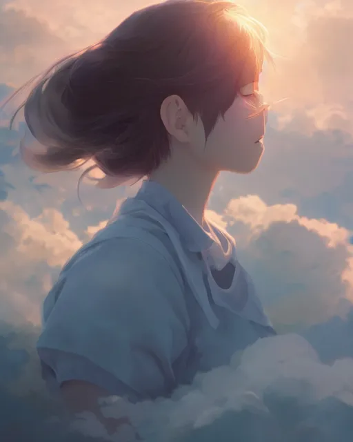 Image similar to a girl made of clouds and sky, full shot, atmospheric lighting, detailed face, by makoto shinkai, stanley artgerm lau, wlop, rossdraws