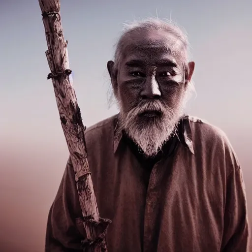 Prompt: full body shot of old asian man with long beard, his head covered in roots, full face occult silver mask, glowing eyes, holding a large carved wooden fractal stick, thick smoke around him, in the burning soil desert, cinematic shot, wide angle, desert background, volumetric lighting by Denis Villeneuve, Lubezki, Gaspar Noe, Christopher Doyle and Alejandro Jodorowsky, anamorphic lens, anamorphic lens flares, kodakchrome, cinematic composition, practical effects, award winning photo, 8k