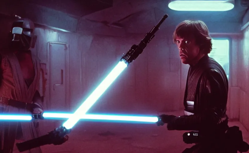 Image similar to screenshot portrait of Luke Skywalker lightsaber duel against a droid bounty hunter, in a seedy underground neon bar, iconic scene from 1980s film by Stanley Kubrick, 4k, cinematic still frame, cyberpunk sci fi architecture, portrait photoreal, detailed photo of Mark Hammill in the 1980s, moody lighting, stunning cinematography, hyper-detailed, sharp, anamorphic lenses, kodak color film stock