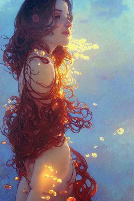 Image similar to glossy liquid honey drops flowing like translucent amber, backlit, sunset, refracted lighting, art by collier, albert aublet, krenz cushart, artem demura, alphonse mucha