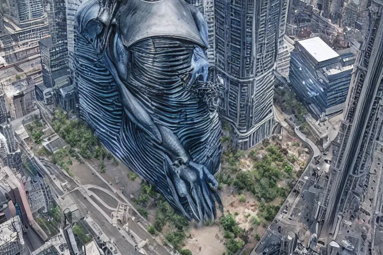 Prompt: Ominous ariel view news footage of Hibernating Gargantuan, Mastodonic, Inter-Dimensional Behemoth Entity Monster designed by Moebius, GANTZ, H.R. Giger inside Toronto's Eaton Center Downtown Shopping Mall in 2022, directed by James Cameron, denis villeneuve