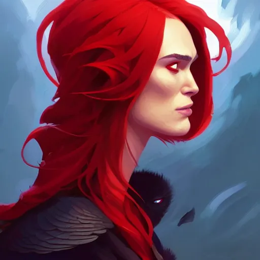 Prompt: beautiful female mage with red hair, keira knightley, black clothing, dark feathered wings, intricate, highly detailed face, cory behance hd by jesper ejsing, by rhads, makoto shinkai and lois van baarle, ilya kuvshinov, rossdraws global illumination