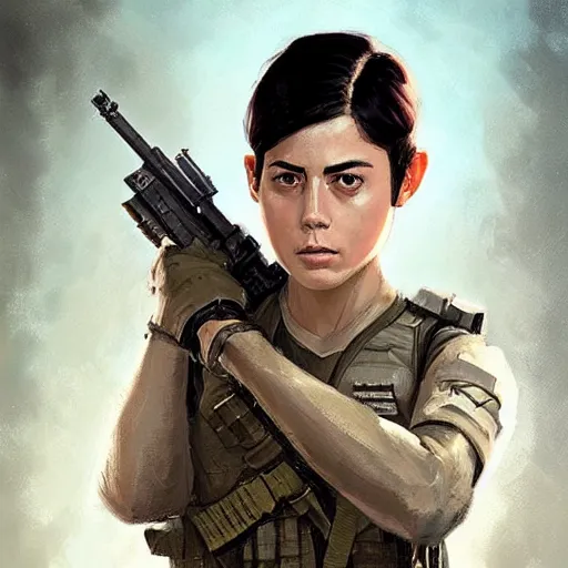 Image similar to portrait of a woman by greg rutkowski, she looks like rosa salazar with military short hair and shaved, impeccable military composure, wearing tactical gear of the galactic alliance, star wars expanded universe, she is about 2 0 years old, highly detailed portrait, digital painting, artstation, concept art, smooth, sharp foccus ilustration, artstation hq