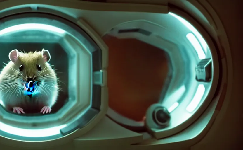 Prompt: hamster, inside a spaceship, movie still, star wars, cinematic, sharp focus, cinematic lighting, 8 k