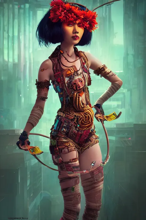 Image similar to An epic fantasy comic book style full body portrait painting of a very beautiful cyberpunk Hula Dancer, character design by Mark Ryden and Pixar and Hayao Miyazaki, unreal 5, DAZ, hyperrealistic, octane render, cosplay, RPG portrait, dynamic lighting, intricate detail, cinematic