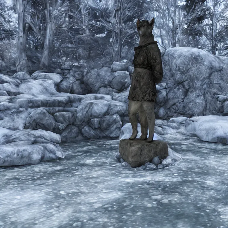 Image similar to a grey and rough hewn shiba inu statue placed beside a frozen stream, skyrim pc screenshot