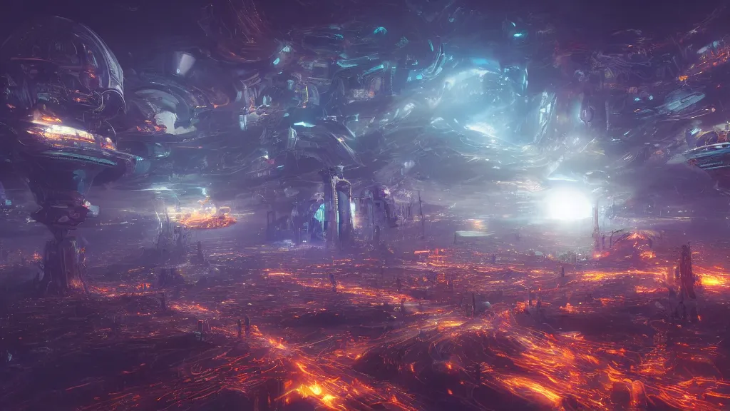 Prompt: a centered render digital materverse utopia in the sky, shining its light across a tumultuous robot sea of digital robots and fairy, cyber punk, futurism, unreal engine, high detailed, 8 k, magic hour