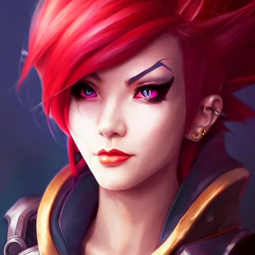 Image similar to portrait of Vi from League of Legends, by Fortiche Studio, from Netflix's Arcane, trending on artstation,fine details, realistic shaded, fine-face, Steampunk city on the background, red hair, painted texture, pretty face,by Artgerm