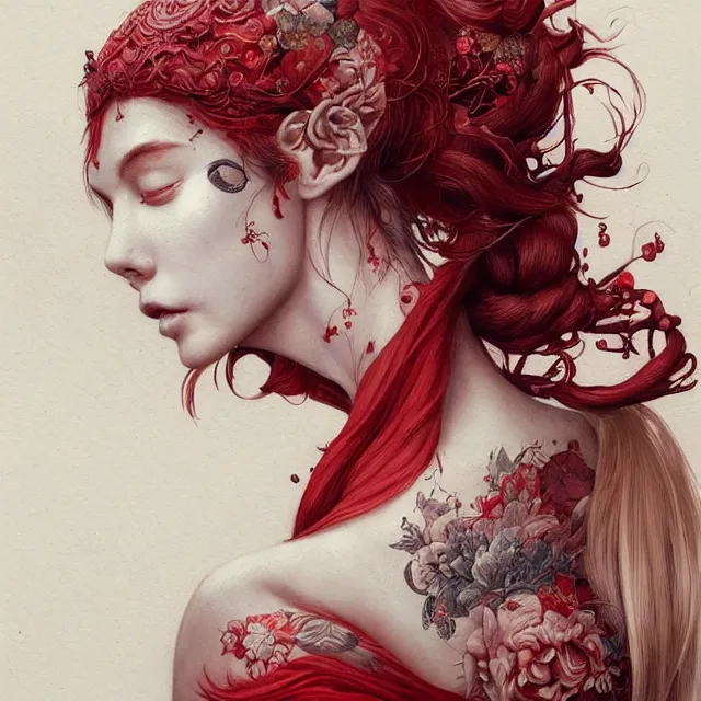 Image similar to ultra realistic illustration, beautiful woman dressed in red kimono, backview, tattoos, in the style of peter mohrbacher by weta digital and beth cavener, high face symmetry, intricate, masterpiece, award winning, high face symmetry, intricate