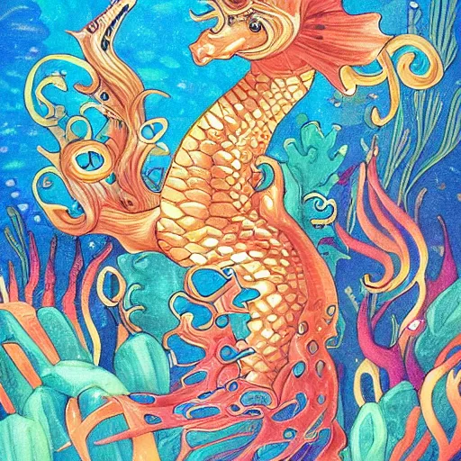 Image similar to merfolk riding seahorses, trending on artstation, colorful, intricate, art by aurore folny