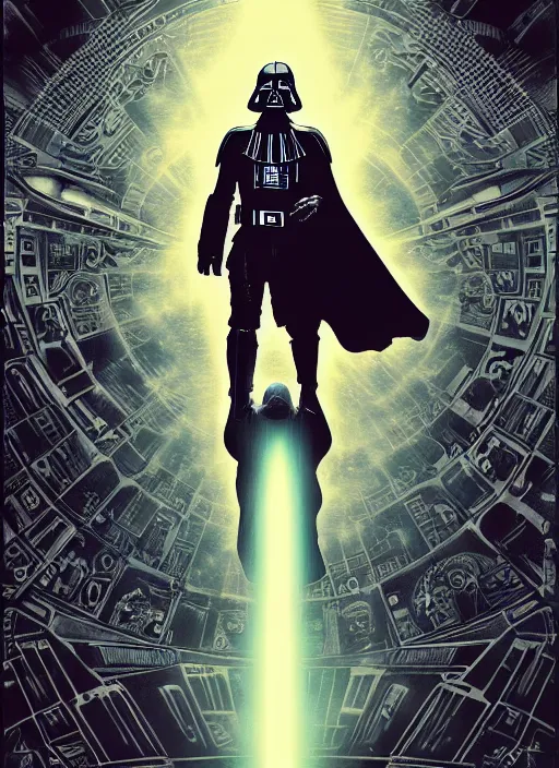 Image similar to platonic ideal luke skywalker, nazgul mandelbulb, deathstar, millenium falcon, detailed, darth vader, action pose, intricate, volumetric lighting, moebius, dan mumford, alphonse mucha, poster,