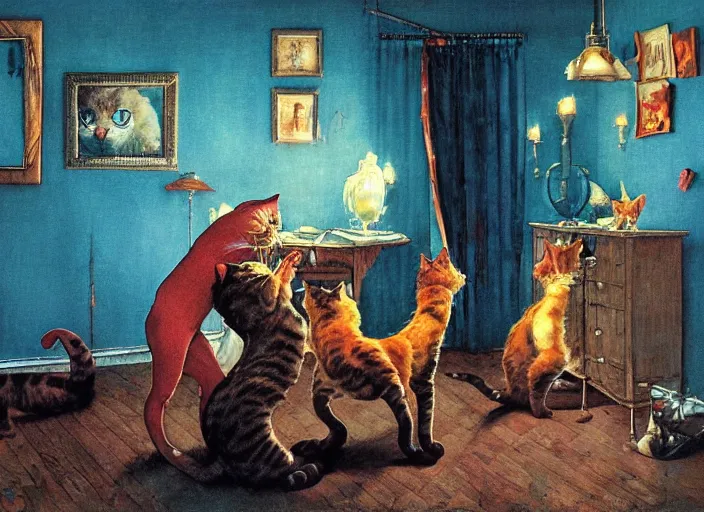 Prompt: beautiful picture of cats dancing in the apartment by candlelight, surreal, norman rockwell and james jean, greg hildebrandt, and mark brooks, triadic color scheme, by greg rutkowski, in the style of francis bacon and syd mead and edward hopper and norman rockwell and beksinski