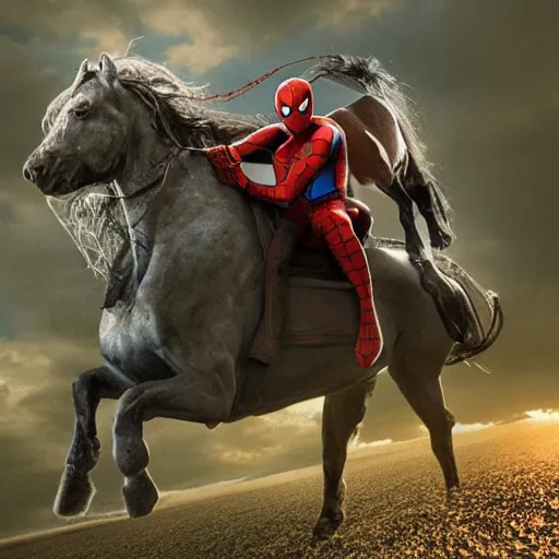 Image similar to spiderman riding a horse