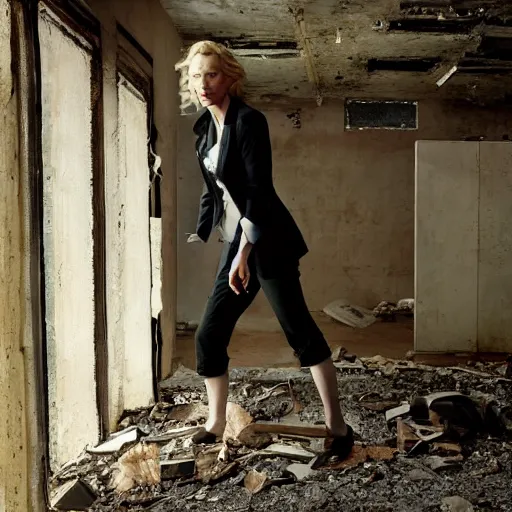 Image similar to photo of cate blanchett in an abandoned building, by Annie leibowitz, photorealisitc ,detailed