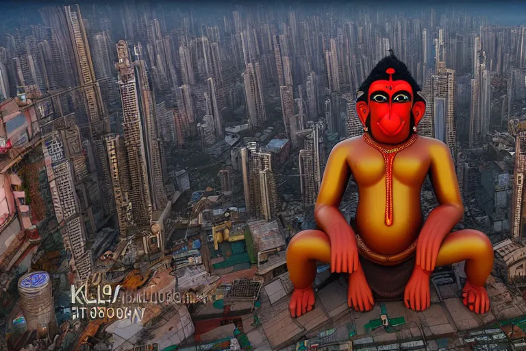 Image similar to high quality 3 d cyberpunk biomorphic hanuman! head building in the middle of mumbai!!, kalighat highly detailed, cinematic smooth, stephen shore & john j. park, soft morning light, wide shot, high angle, uhd 8 k, deep focus