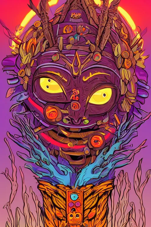 Image similar to totem majora's mask tribal feather gemstone plant wood rock shaman vodoo video game vector illustration vivid color borderlands by josan gonzales and dan mumford radiating a glowing aura