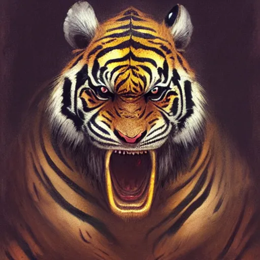 Prompt: head and shoulders portrait of a tiger rakshasa, d & d, fantasy, greg rutkowski, frank frazetta, alexandre chaudret, boris vallejo, michael whelan, miro petrov, hr giger, magali villeneuve, donato giancola