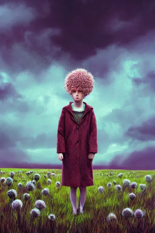 Image similar to portrait, enormous thistle flower head, girl wearing a coat in field, surreal photography, wind, cloudy sky, dramatic light, impressionist painting, digital painting, artstation, simon stalenhag