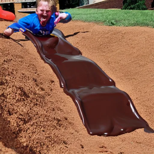 Image similar to person sliding through chocolate pudding head first, slip n slide