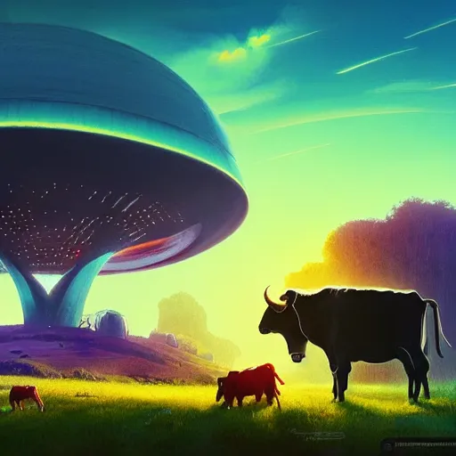 Prompt: ufo wants to steal a cow, Bright colors, fantastic landscape, hyperrealism, no blur, 4k resolution, ultra detailed, style of Anton Fadeev, Ivan Shishkin, John Berkey