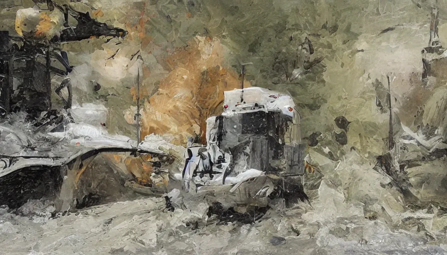 Image similar to Heavy Snow falls on a Snowplow parked in a winter landscape, a blizzard and thick snow, mist and fog, concept art, highly detailed