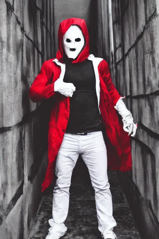 Image similar to red hood cosplay, creepy, disturbing, bloody, darkness, grainy, urban, jeans, white jacket