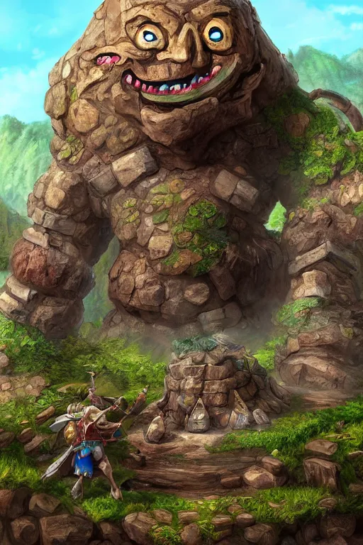 Image similar to zelda fantasy art giant golem troll wood rock greeble gemstone, global illumination ray tracing hdr fanart arstation by sung choi and eric pfeiffer and gabriel garza and casper konefal