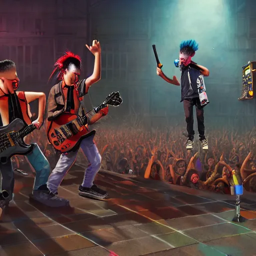 Image similar to 4 punks in school uniform with mohawks stand on stage with guitars and drums and microphones and yell day, foreground fight of ravers and punks, by marc simonetti, tyler edlin, deviantart, ray tracing, octane render, digital art, realistic, high quality, 8 k