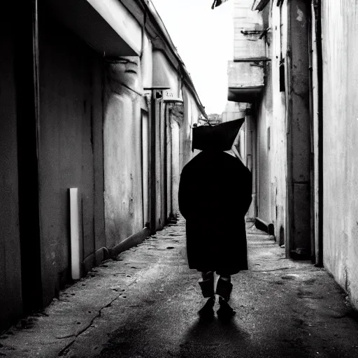 Prompt: a gloomy alley, a man stands in the darkness but the white of his eyes can be seen, dark, gloomy, skeptical