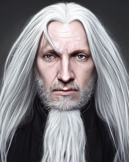 Image similar to portrait of 4 0 - year - old man with long white hair with a pale complexion, malfoy lucius, clear face, pointed face and grey eyes, hyper realistic face, beautiful eyes, character art, art by mark brooks, hyperdetailed, cryengine, trending on artstation, digital art