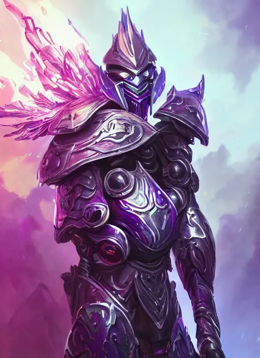 Image similar to a highly detailed illustration of futuristic cyber knight with flaming plume, rigid bulky armor, glowing purple line cracks in armor, dramatic standing pose, intricate, elegant, highly detailed, centered, digital painting, artstation, concept art, smooth, sharp focus, league of legends concept art, WLOP