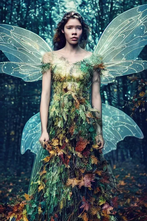 Prompt: masterwork full body photograph of astrid berges frisbey as a fairy. highly detailed sharp focus face. wearing a dress made out of stars. resting on a background of autumn leaves. fluid, dreamy, ethereal, vivid colours. wow! cinematic lighting. trending on artstation. cgsociety. by moebius. megapixels.