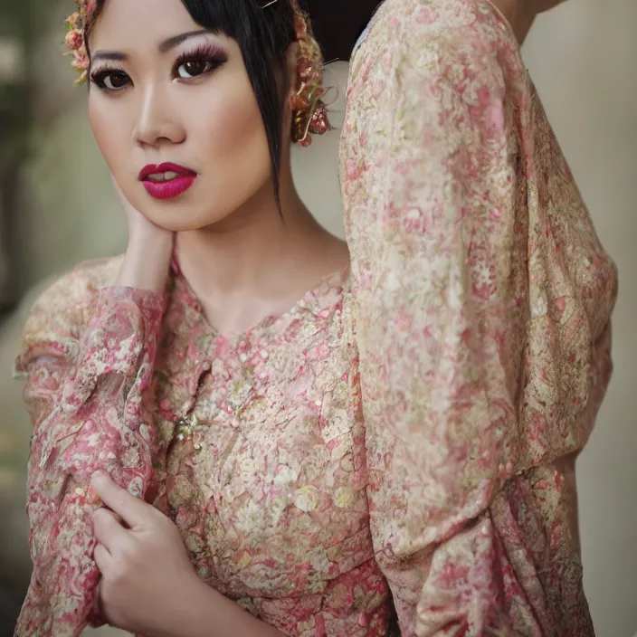 Prompt: portrait of Dinar Candy wearing Kebaya, by Charlotte Grimm, natural light, detailed face, CANON Eos C300, ƒ1.8, 35mm, 8K, medium-format print