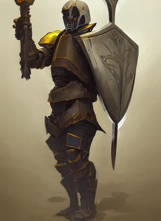 Image similar to portrait of a warforged character in yellow armor holding a paladin engraved longsword and carrying a big shield, epic concept art, trending on ArtStation, cinematic lighting, by Greg Rutkowski and Jesper Ejsing