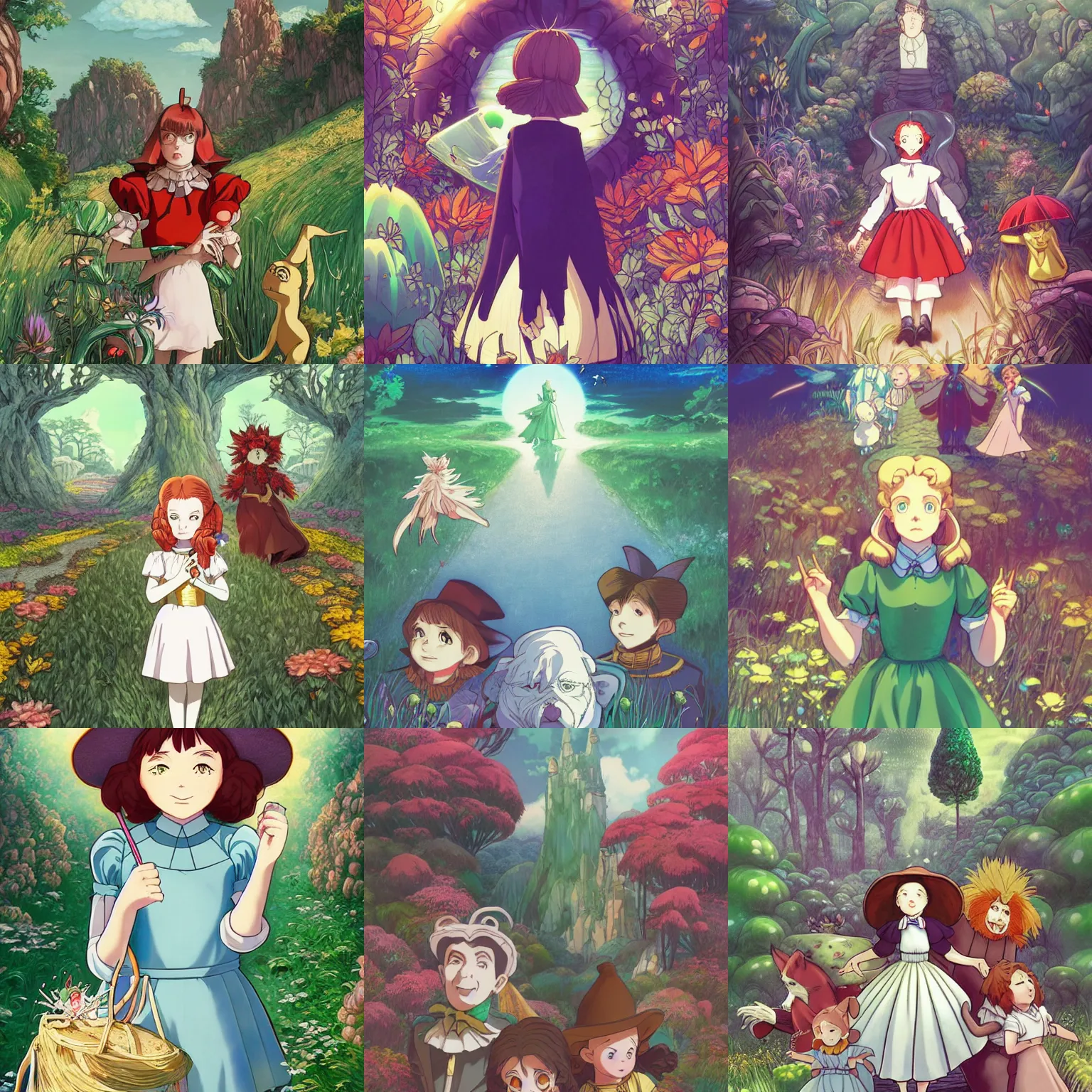 Prompt: The Wonderful Wizard of Oz/Alice's Adventures in Wonderland crossover, fantasy, highly detailed, artstation, digital illustration, concept art, by Kyoto Animation and Studio Ghibli, by Hidari and Ilya Kuvshinov